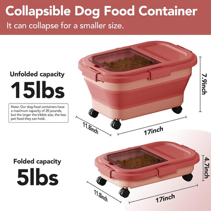 Summark 15 Lbs Dog/Cat Food Storage Container,Collapsible Food Storage Containers with Rolling Wheel Airtight Locking Lid,Pet Food Storage Container with Cup and Scoop,Pink