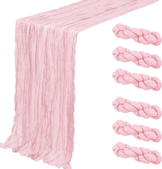 6 Pack Cheesecloth Table Runner - 35x120 Inch Light Pink Boho Table Runners, 10ft Gauze Fabric Runners for Wedding, Birthday, Baby Shower, Rustic Party Decor, Sheer Table Decoration
