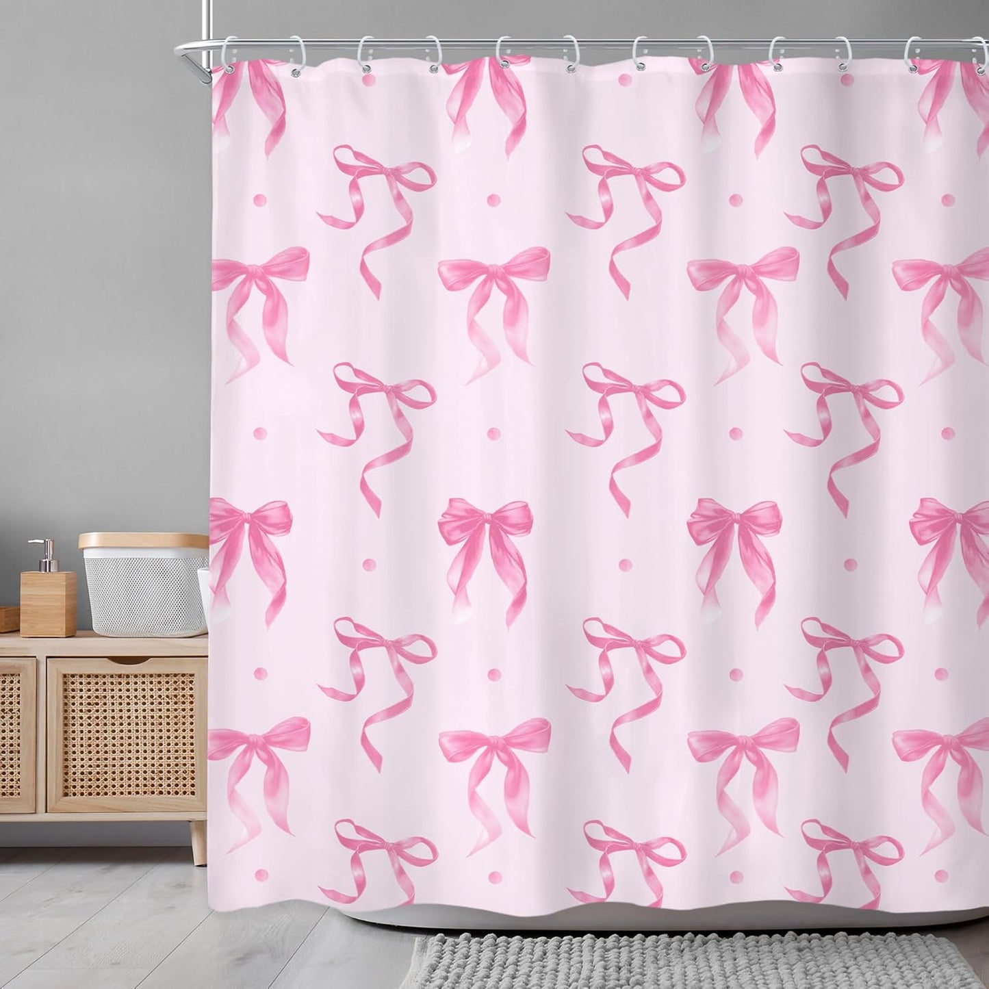 Newsely Pink Bow Shower Curtain 72Wx72L Inch Bownot Adorable Elegant Wave Point Modern Retro Minimalist Lovely Cute Girls Female Bathroom Set Fashion Waterproof Bath Decoration Accessories Home Decor