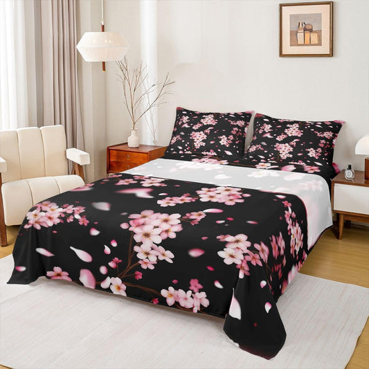 Castle Fairy Pink Cherry Blossom Bed Sheets Full Size 4 Pcs,Natural Peach Blossom Decor Bedding Set for Kids Girls Women,Wild Flowers Japanese Style Sheet Set with Flat,Fitted Sheet,2 Pillowcases