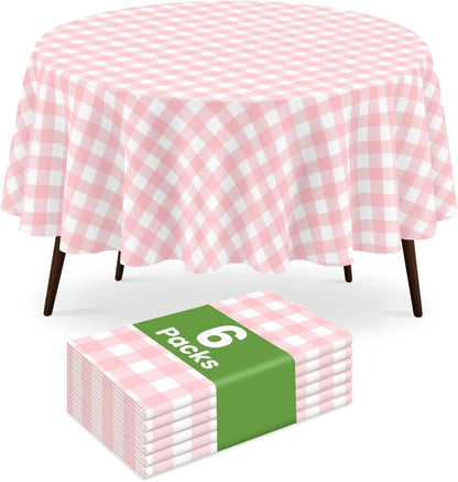 6 Pack Pink and White Checkered Tablecloth, Round Pink Gingham Plastic Table Cloths for Parties Disposable, 84x84 in Waterproof Camping Tablecloth for Birthday Party Baby Shower Picnic School