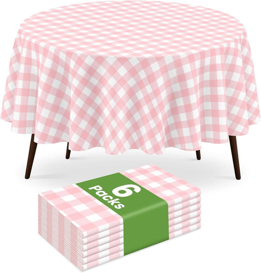 6 Pack Pink and White Checkered Tablecloth, Round Pink Gingham Plastic Table Cloths for Parties Disposable, 84x84 in Waterproof Camping Tablecloth for Birthday Party Baby Shower Picnic School