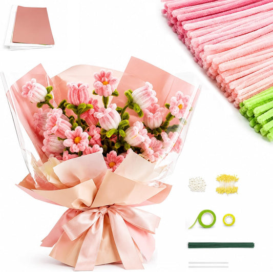 spicssa Pipe Cleaners Craft Bulk, Pink Pipe Cleaner Flower Kit, Glue-Free & Safe for Kids, with Video Tutorials, for Wedding, Birthday, Home Decor, Classroom Crafts