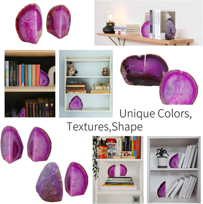 Geode Bookends Agate Decor Book Ends Unique Crystal Bookend Dyed Pink for Home Decorative 1 Pair 2-3 Lbs