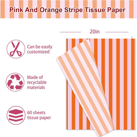 JarThenaAMCS 60 Sheets Stripe Tissue Paper Pink Orange Stripe Wrapping Paper for Birthday Baby Shower Wedding Party DIY Crafts Supplies, 14 x 20 Inch