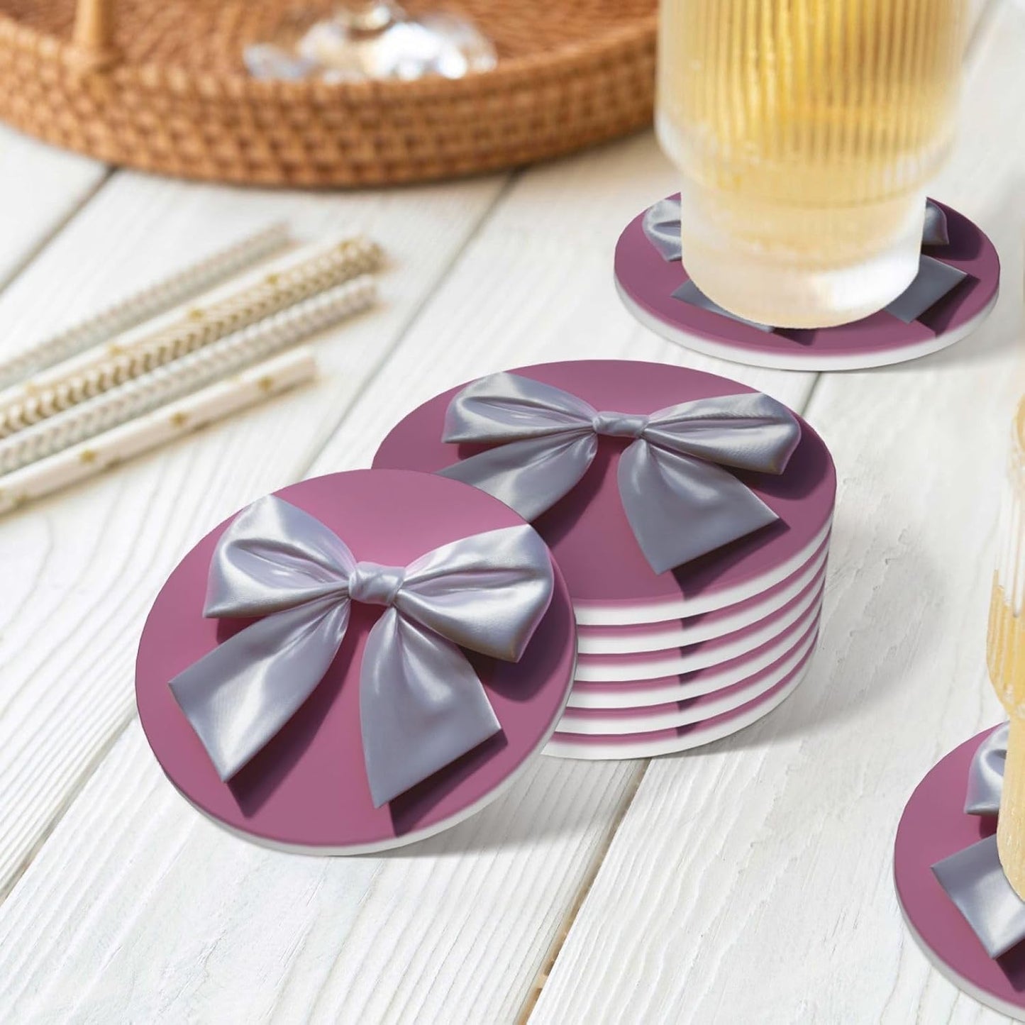 White Satin Bow On Light Pink Ceramic Coasters with Holder Set of 6 Coffee Cup Drink Coasters