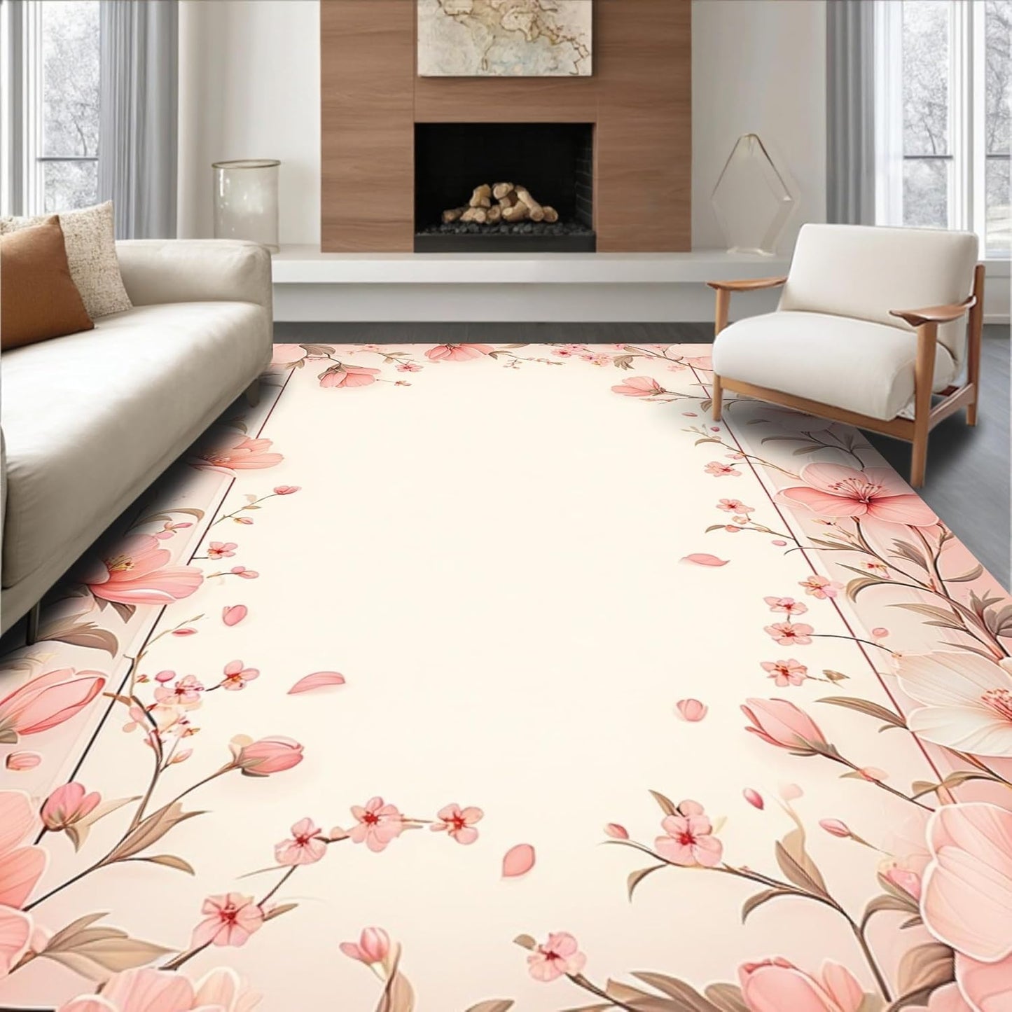 Flatwoven High Traffic Area Rug 5x7, Delicate Petal Paradise Artistic Home Accent, Non Slip, Stain Resistant, Washable Area Rugs for Living Room, Bedroom (Peach, 5x7)