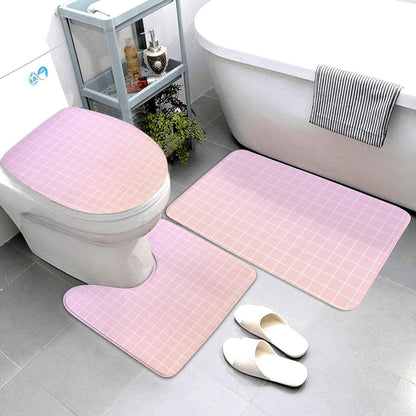 Bathroom Rugs Sets 3 Piece - Light Pink Ombre Grid Print Absorbent Non Slip Washable Bath Mats, U-Shape Toilet Lid Cover, Contour Mat, Soft Shower Mats Bath Rug Mat for Bathroom Tub Toilet