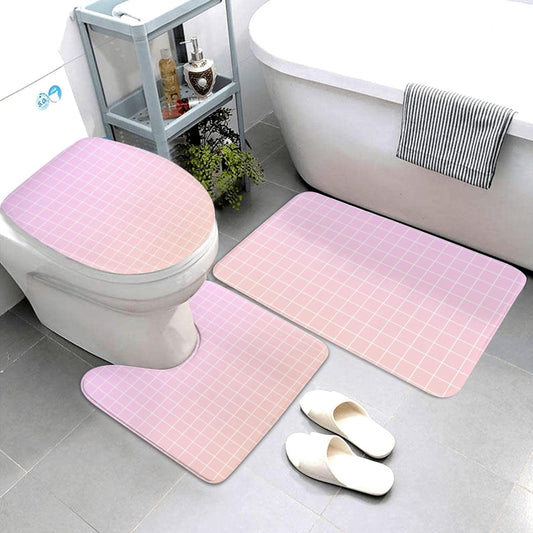 Bathroom Rugs Sets 3 Piece - Light Pink Ombre Grid Print Absorbent Non Slip Washable Bath Mats, U-Shape Toilet Lid Cover, Contour Mat, Soft Shower Mats Bath Rug Mat for Bathroom Tub Toilet