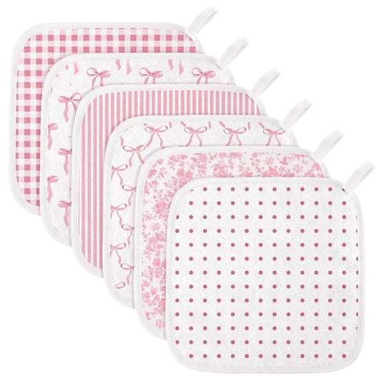 Batiyeer 6 Pack Pink Bow Baby Washcloths for Newborn 10 x 10'' Soft Wash Cloths for Baby Girls, Absorbent Infant Face Cloths or Towels, Burp Cloth, Reusable Babies Wipes for Toddler Kids, 6 Styles