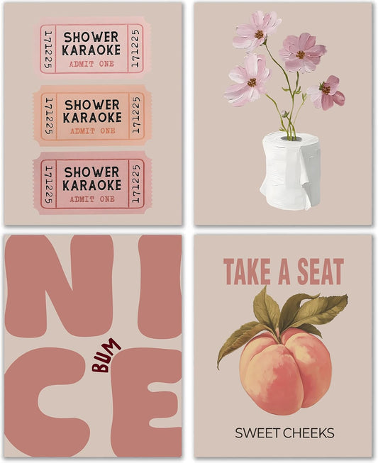 WOOGCHEIR Funny Trendy Vintage Pink Bathroom Wall Art Posters Set of 4, Funny Preppy Peach Sweet Cheeks Trendy Prints Posters for Bathroom Washroom Restroom Wall Art Decor, 8x10 Unframed