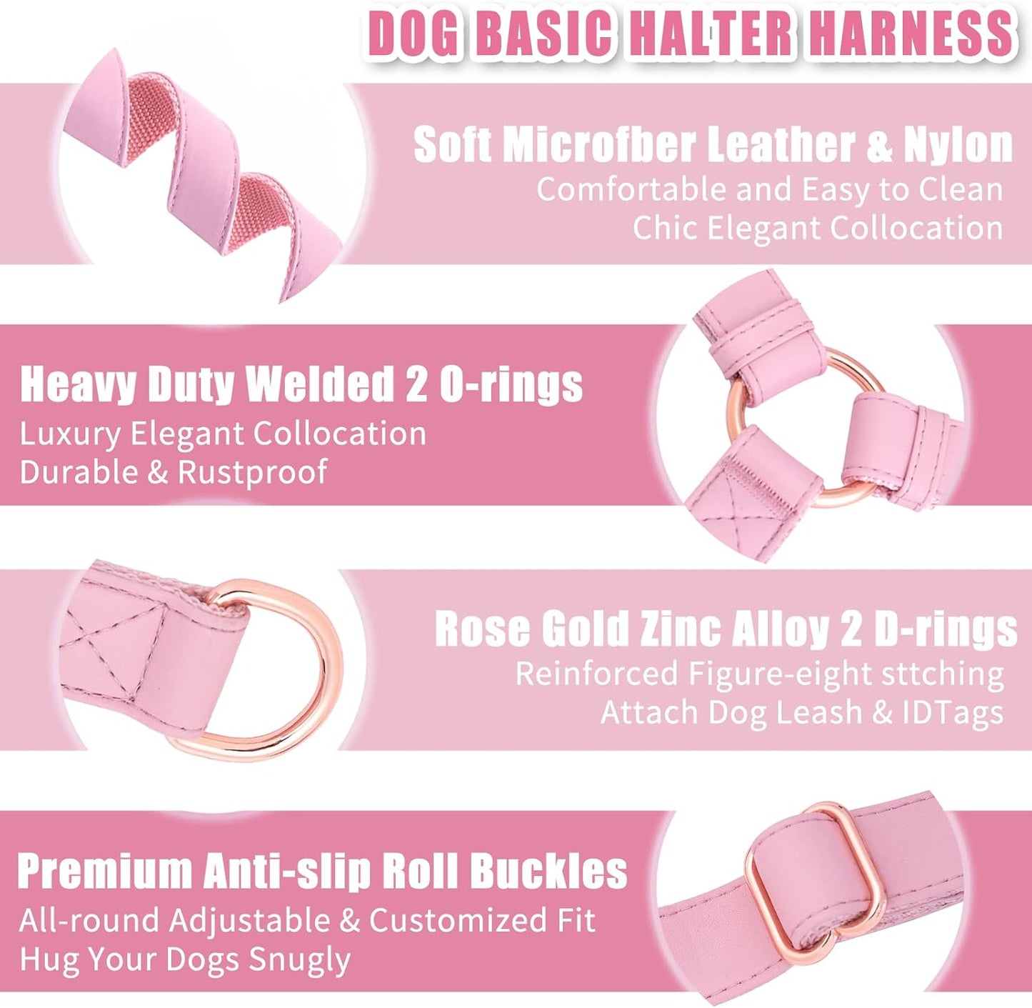 Soft Leather No Pull Dog Harness - Adjustable Step in Dog Harness with Rose Gold Heavy Duty Metal Buckle, Freedom Nylon Dog Halter Vests for Small Medium Large Dogs Easy Walking Training (Pink,S)