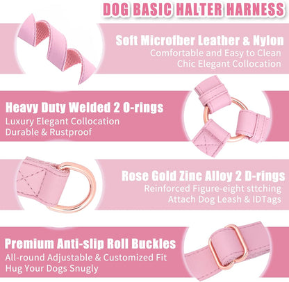 Soft Leather No Pull Dog Harness - Adjustable Step in Dog Harness with Rose Gold Heavy Duty Metal Buckle, Freedom Nylon Dog Halter Vests for Small Medium Large Dogs Easy Walking Training (Pink,S)