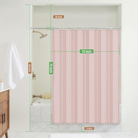 Seasonwood Pink Fabric Boho Shower Curtain Textured Vertical Stripe Tassel Shower Curtain Farmhouse Minimalist Cute Shower Curtains Pink, 72x72