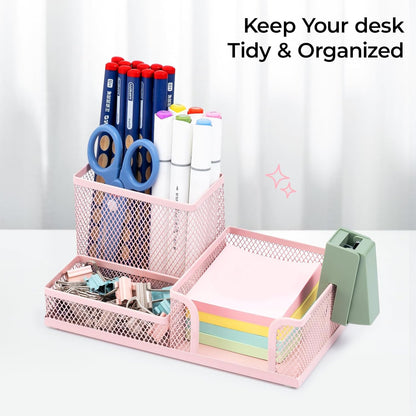 M&G Mesh Pen Holder Desk Organizers Pencil Holder for Desk Pink, 3 Compartments Metal Office Supply Organizer with Sticky Notes Holder for Home Office