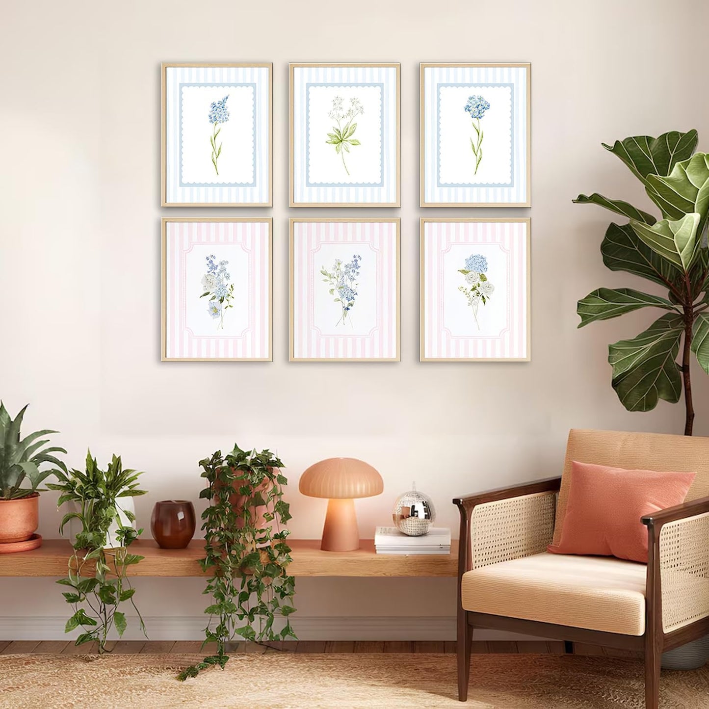 WNRTEKNK 6pcs Floral Nursery Wall Art Pink Blue Botanical Canvas Prints Flower Hydrangea Wall Decor Wildflower Pictures Pastel Wall Decor Painting for Girls Bedroom 8x10 Inch Posters Unframed