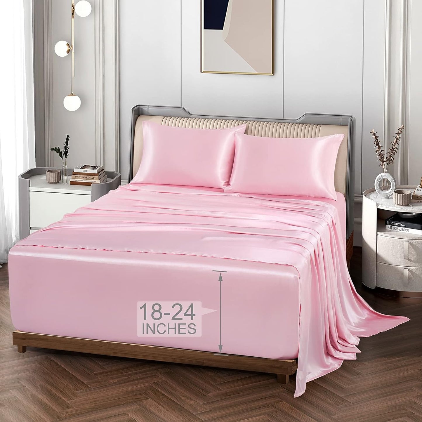 Vonty Satin Sheets Extra Deep Pocket California King Sheet Set - Cooling & Silky Satin Cal King Sheet with 18-24 Inch Deep Pocket, Pink Satin Bed Sheets Fit Up to 24" Deep Matress - 4 Piece