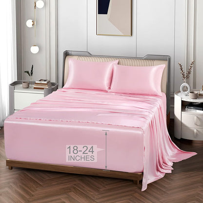Vonty Satin Sheets Extra Deep Pocket California King Sheet Set - Cooling & Silky Satin Cal King Sheet with 18-24 Inch Deep Pocket, Pink Satin Bed Sheets Fit Up to 24" Deep Matress - 4 Piece