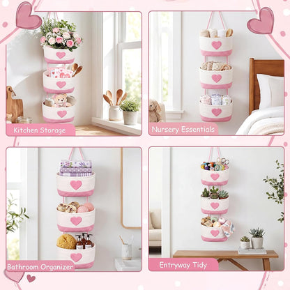 3-tier Heart Theme Cotton Rope Hanging Basket Organizer, Wall Storage Bin with Hooks, Pink White over Door Decorative Nursery Closet Hanging Accessories