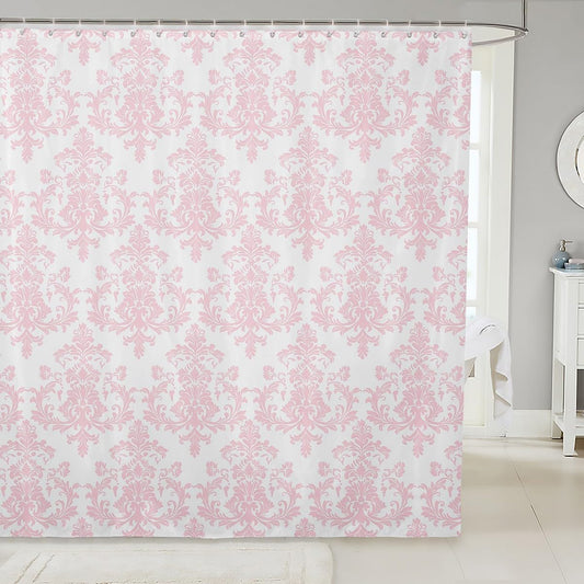 Castle Fairy Pink White Damask Bath Curtain,Antique Victorian Baroque Boho Shower Curtain for Kids Boys,Vintage Gothic Lace Floral Print Waterproof Accessories with Hooks, 72Wx72L inch