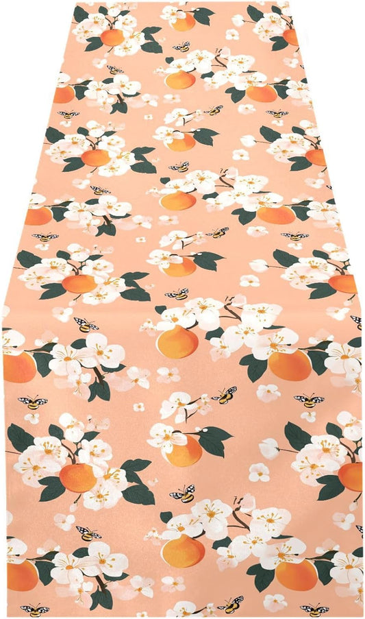 Cute Serviceberry Fruit Peach Table Runner Boho Wedding Ceremony Decorations 18x72in Reusable Green Table Runner
