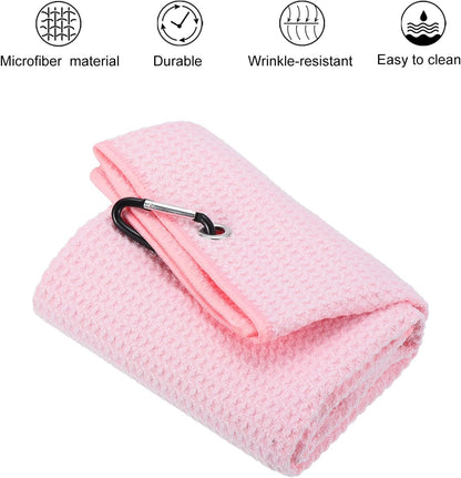 PATIKIL 20"x16" Tri-Fold Golf Towels, Waffle Pattern Towels Soft Fiber Strong Water Absorption with D Clip for Golf Lovers, Pink