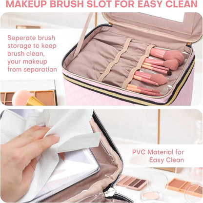 HXLGMD Large Makeup Bag with Mirror Double Layer Travel Make Up Organizer Case, Large Capacity Coemetic with Brush Slot Divider, Travel Toiletry Bag for Women (Pink)