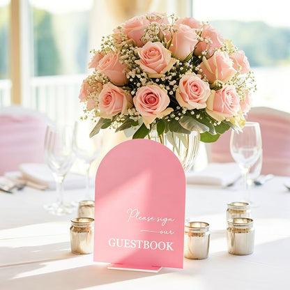 Whaline 6 Pcs Acrylic Wedding Signs 5x7" Pink Arched Table Signs with Stands for Wedding Ceremony Reception Open Bar Guest Book Dessert Bar Gifts & Cards Party Favors Food Sign
