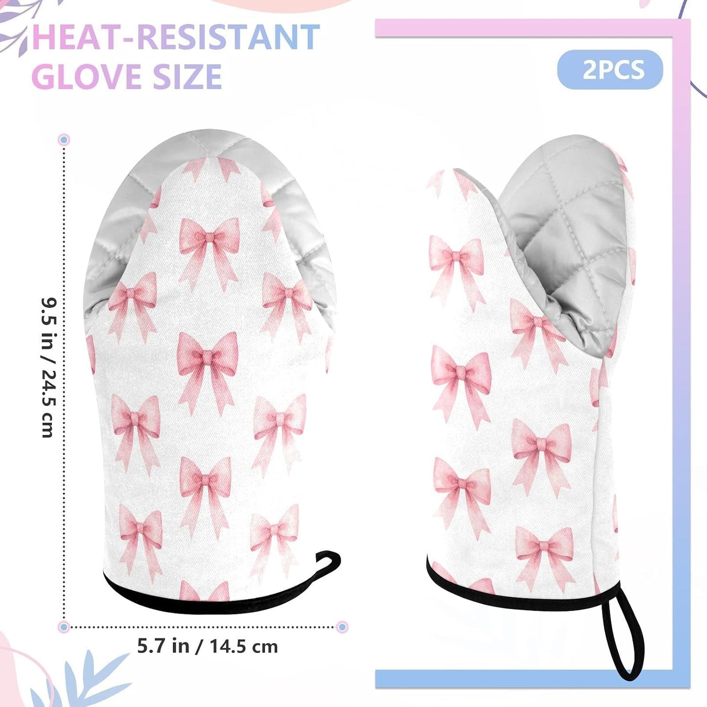 Pink Bows Ribbons Non-Slip Oven Mitts Set Heat Resistant Kitchen Gloves with Quilted Liner Cotton Machine Washable with Hanging Loop for Baking Grilling BBQ