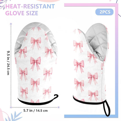 Pink Bows Ribbons Non-Slip Oven Mitts Set Heat Resistant Kitchen Gloves with Quilted Liner Cotton Machine Washable with Hanging Loop for Baking Grilling BBQ