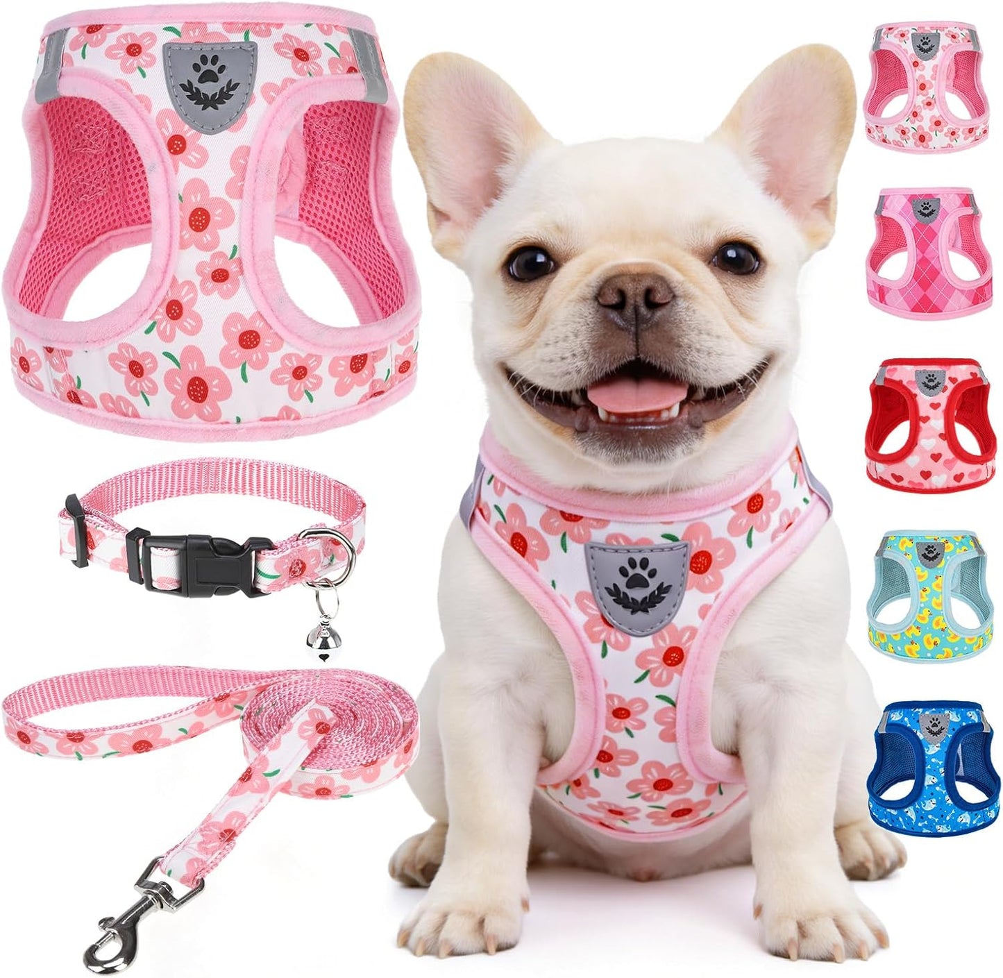 SCENEREAL Small Dog Harness and Leash Collar Set, Step in Soft Light Puppy Vest, Breathable Pet Harness for Small Sized Dogs, No Chock Reflective for Safe Outdoor Walking, Pink Flower M