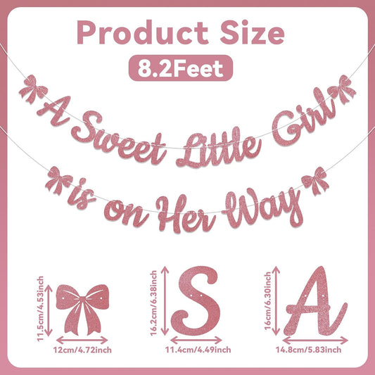 A Sweet Little Girl is on Her Way Banner - Pink Bow Baby Shower Decorations, Sweet Baby Girl Gender Reveal Party Decorations Rose Gold Glitter