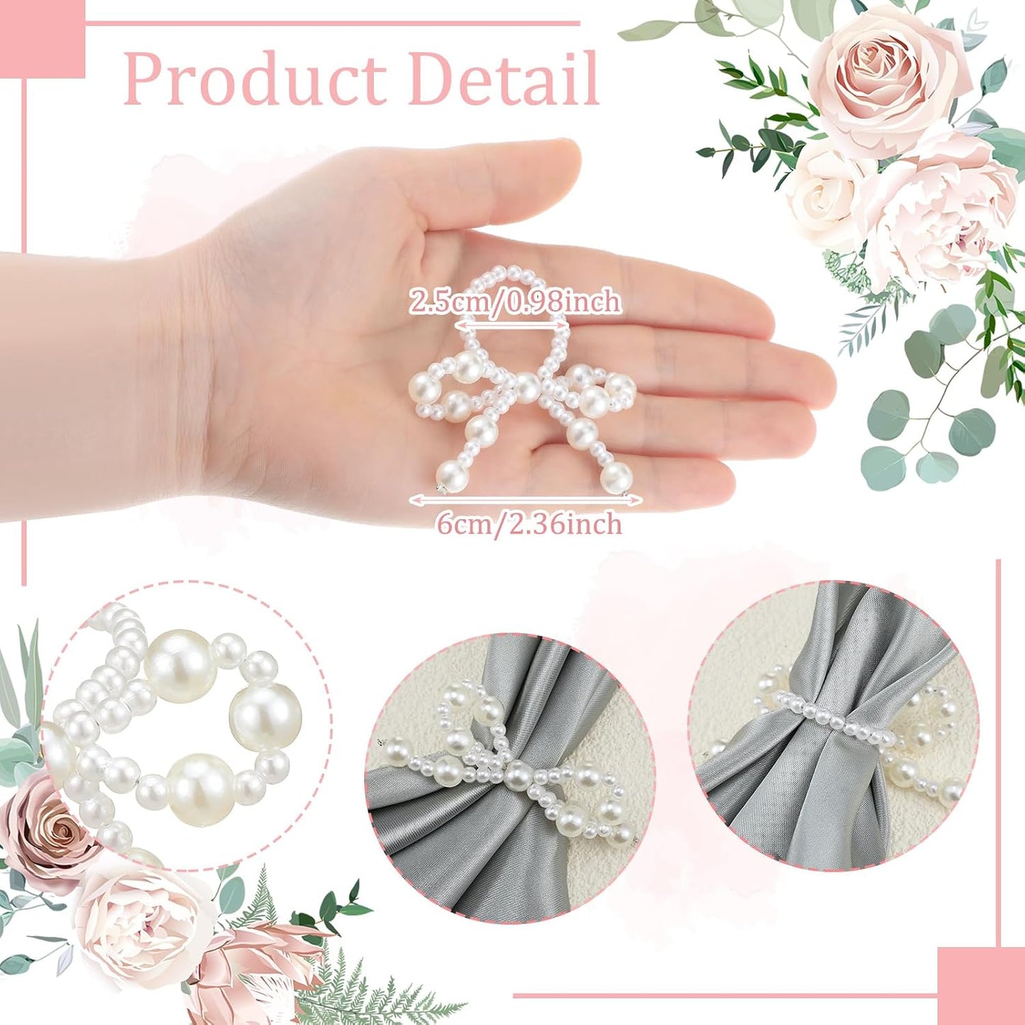 12 Pcs Pearl Bow Napkin Rings Imitation Bow Pearl Ring Napkin Holder Delicate Beaded Serviette Buckles for Christmas Wedding Party Dinner Table Decor and Daily Use(Elegant)