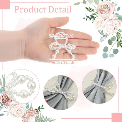 12 Pcs Pearl Bow Napkin Rings Imitation Bow Pearl Ring Napkin Holder Delicate Beaded Serviette Buckles for Christmas Wedding Party Dinner Table Decor and Daily Use(Elegant)