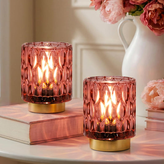 Battery Operated Table Lamps Timer, Mini Crystal Lamp for Area No Plug, Cordless Lamp with LED Bulb for Power Outage, Decorative Lamps for Tabletop/Corner/Entryway/Stairway/Bathroom/Fireplace (2 Pink)