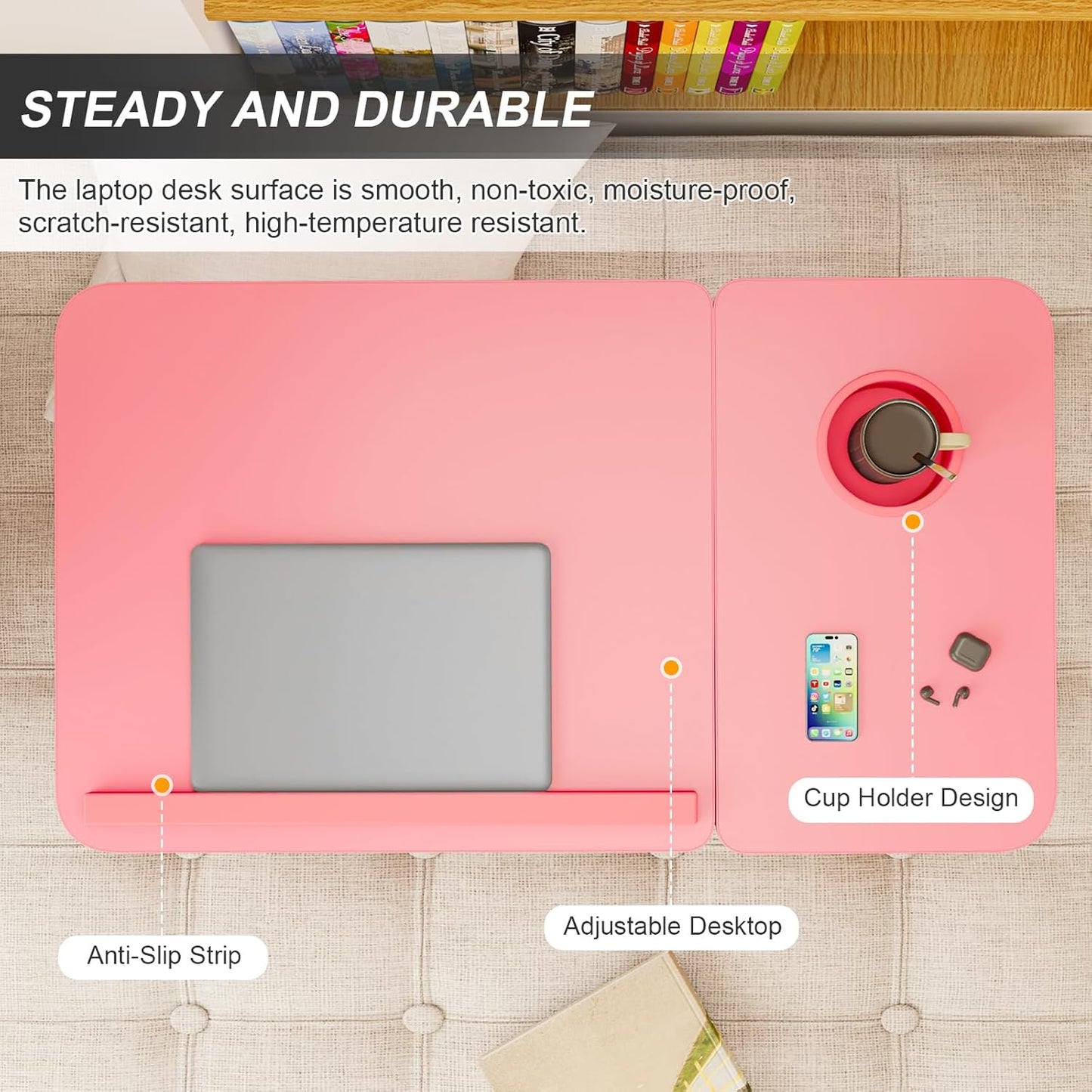 Adjustable Laptop Desk for Bed, 5-Angle Adjustable Lap Tray Table with Cup Holder, Portable Foldable Bed Desk for Eating, Working, Writing & Reading (Pink)