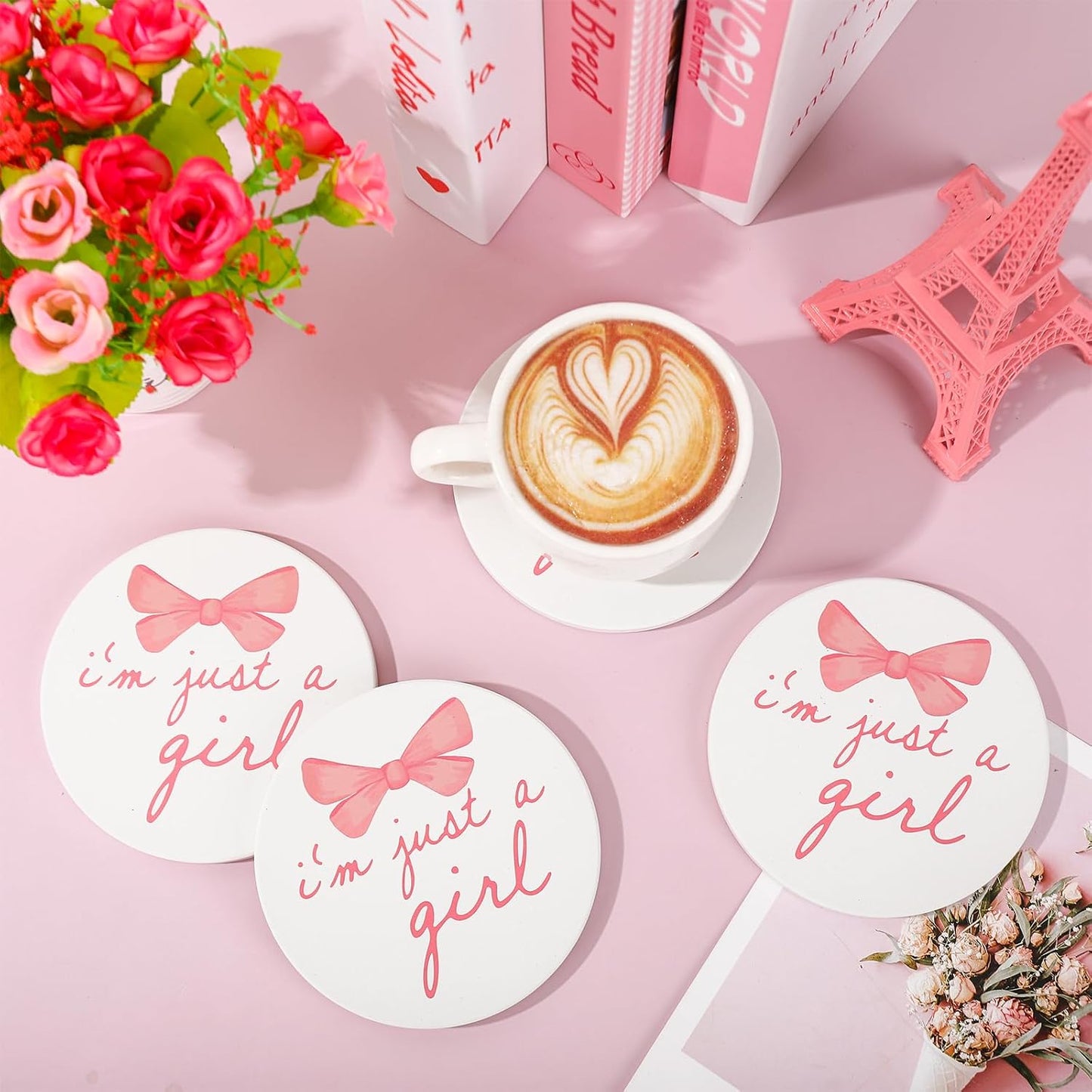 FYSUIMU 4Pcs Pink Bow Coasters Coquette Bow Girly Ceramic Drink Coaster Cute Bowknots Round Mug Coaster Gender Reveal Baby Shower Cup Mat for Kitchen Home Office Party Table Decor