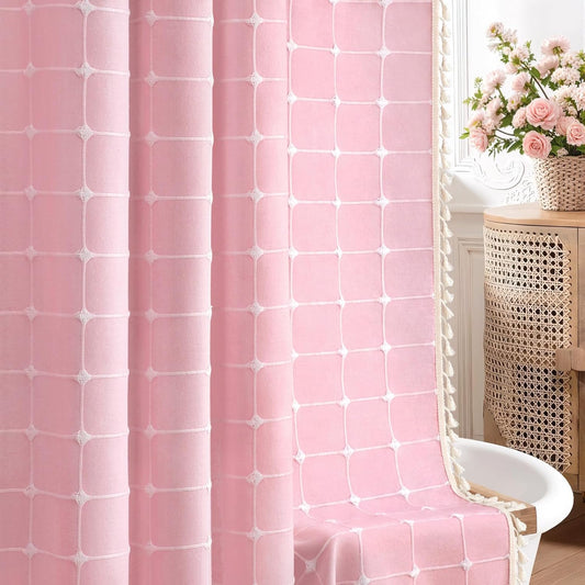 Pink Boho Shower Curtain Cotton Texture with Embroidered Plaid Pattern and Tassels for Bathroom,72" W×72" L