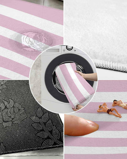 YOKOU Bathroom Rug Bath Mat,Modern Striped Lines Absorbent Non Slip Soft Microfiber Shaggy Plush Bath Rugs for Shower,Pink and White 16"x24"