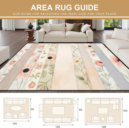 8x10 Area Rugs for Bedroom Boho Washable Rug for Living Room Soft Pastel Floral Pink Peach Flowers Light Extra Large Soft Rubber Backed Non-Slip Carpets for Office Dining Room