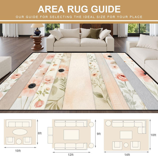 10x14 Area Rugs for Bedroom Boho Washable Rug for Living Room Soft Pastel Floral Pink Peach Flowers Light Extra Large Soft Rubber Backed Non-Slip Carpets for Office Dining Room