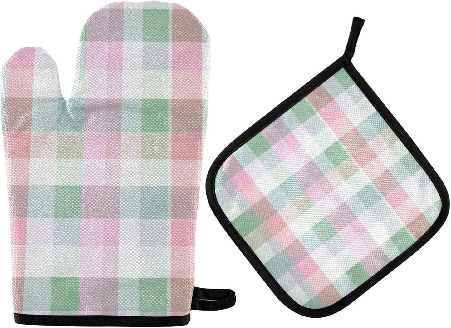 Light Pink Green Plaid Oven Mitts and Pot Holders Set for Cooking Baking Kitchen Decor