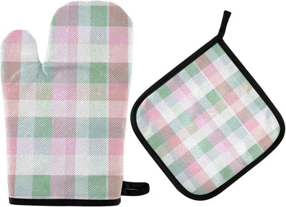 Light Pink Green Plaid Oven Mitts and Pot Holders Set for Cooking Baking Kitchen Decor
