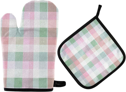 Light Pink Green Plaid Oven Mitts and Pot Holders Set for Cooking Baking Kitchen Decor