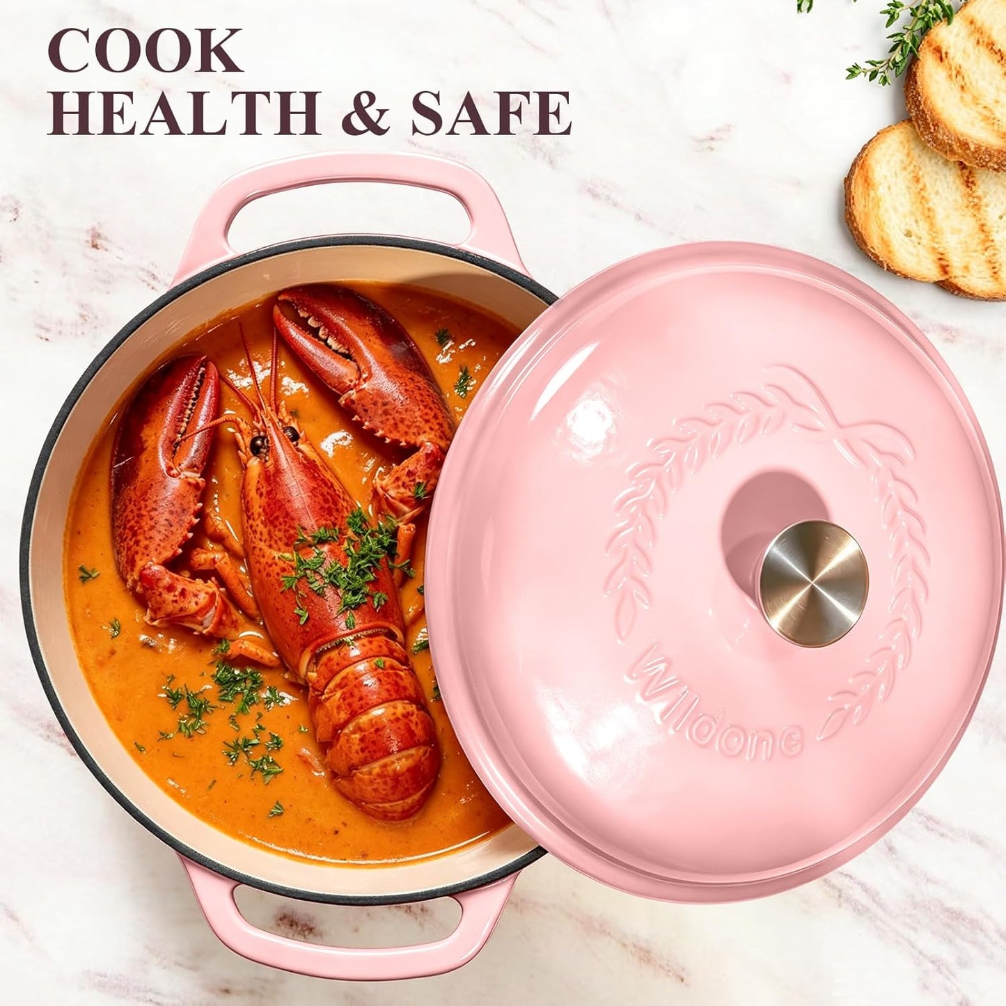 Wildone 6QT Enameled Cast Iron Dutch Oven Pot with Lid, Heavy-Duty Cookware for Bread Baking, Braising, Stews, Roasting, Wedding Registry Ideas & Gifts, Pink