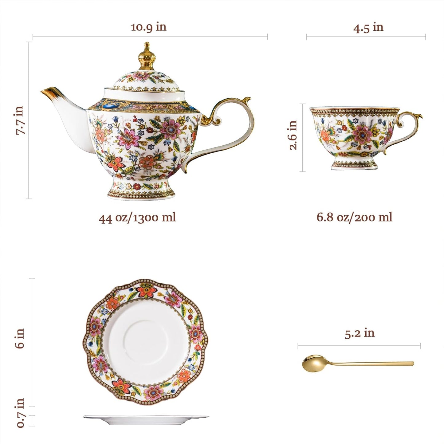 ACMLIFE Fine Bone China Tea Set, 13-Piece English Tea Set for Adults, Afternoon Tea Sets for Women Tea Party or Gift Giving, Pink and Gold