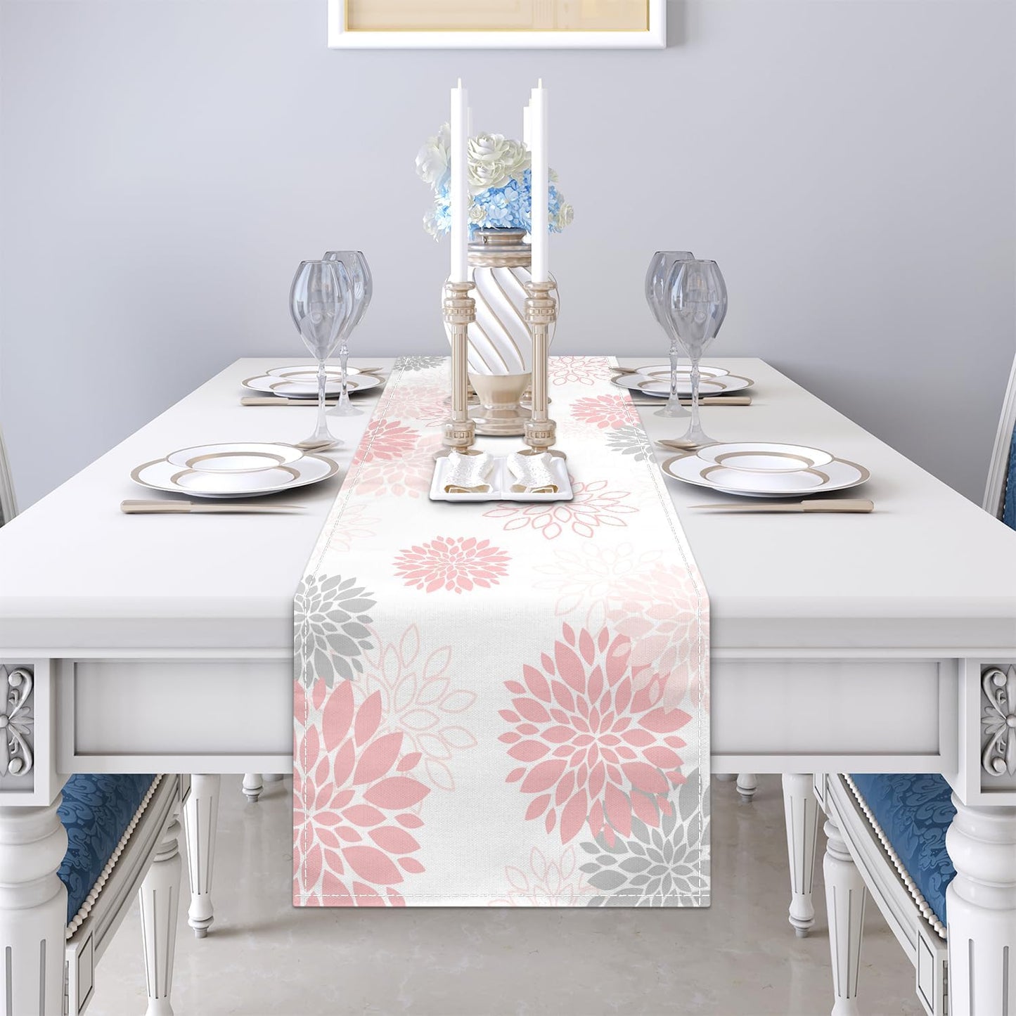 Dahlia Flower Table Runner 13x71 Inch Farmhouse Pink Gray Runners Modern Table Decorations Rustic Geometric Coffee Table Runner for Home Kitchen Dining Room Party (13"x71", Dahlia Floral-Pink)