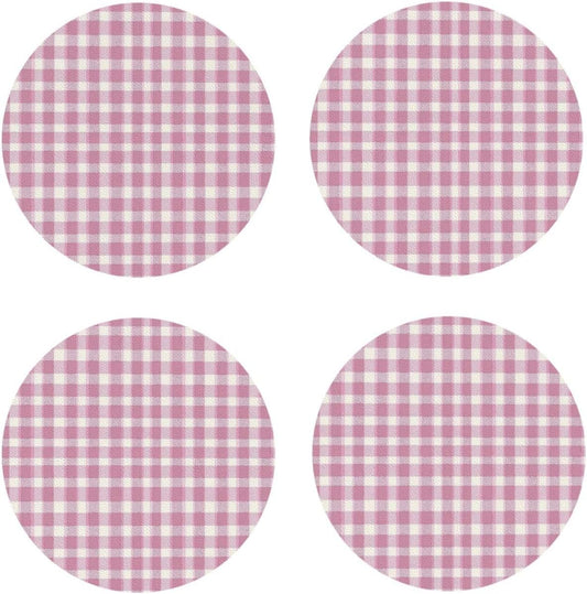 Pastel Pink Gingham (3) Pattern Leather Coasters for Drinks(4 Pack)，Handmade Durable Drink Coasters Set for Tabletop Protection