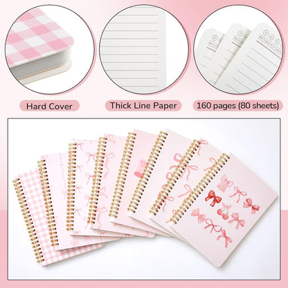Resurhang 8 Pack Pink Bow Spiral Notebooks, Cute Coquette Preppy Journal A5 Aesthetic Notebook Christmas Gifts for Women, Ruled Bowknot Coquette Stuff Pink Bow Bible Journal 5.5 x 8.3 Inch
