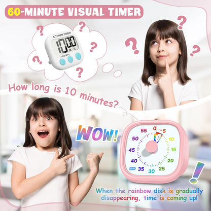 HIPPIH Visual Timer for Kids - 60 Minute Pomodoro Timers for Classroom Kitchen Office, Countdown Kids Timer Clock with Rainbow Disk, Desk Time Management Tool for Toddler with Silent Operation, Pink